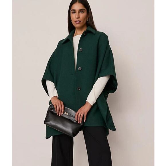 ANN TAYLOR NWT Buttoned Trench Cape Dark Green Wool Blend Women's MP - Picture 12 of 12